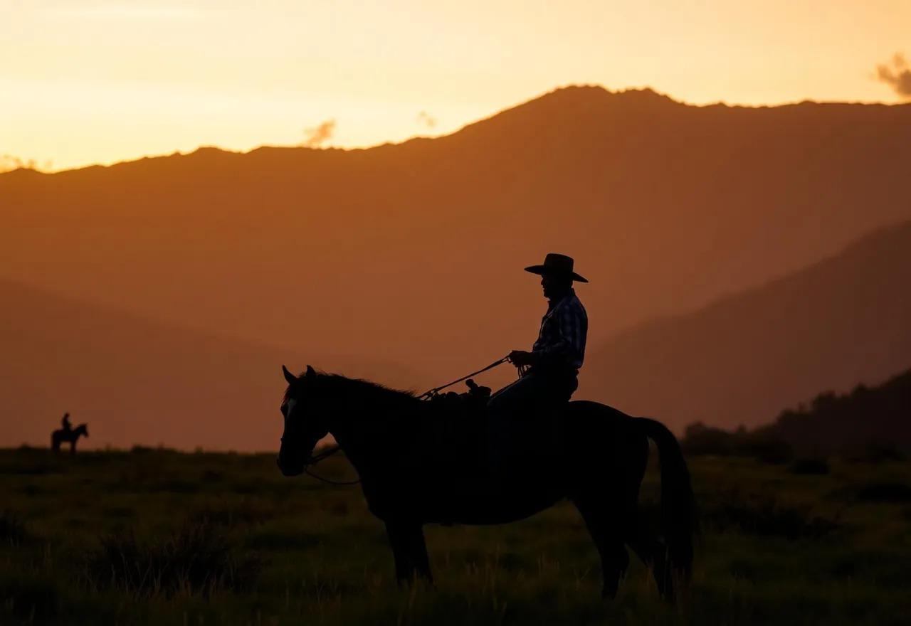 Paniolo on horseback at sunset
